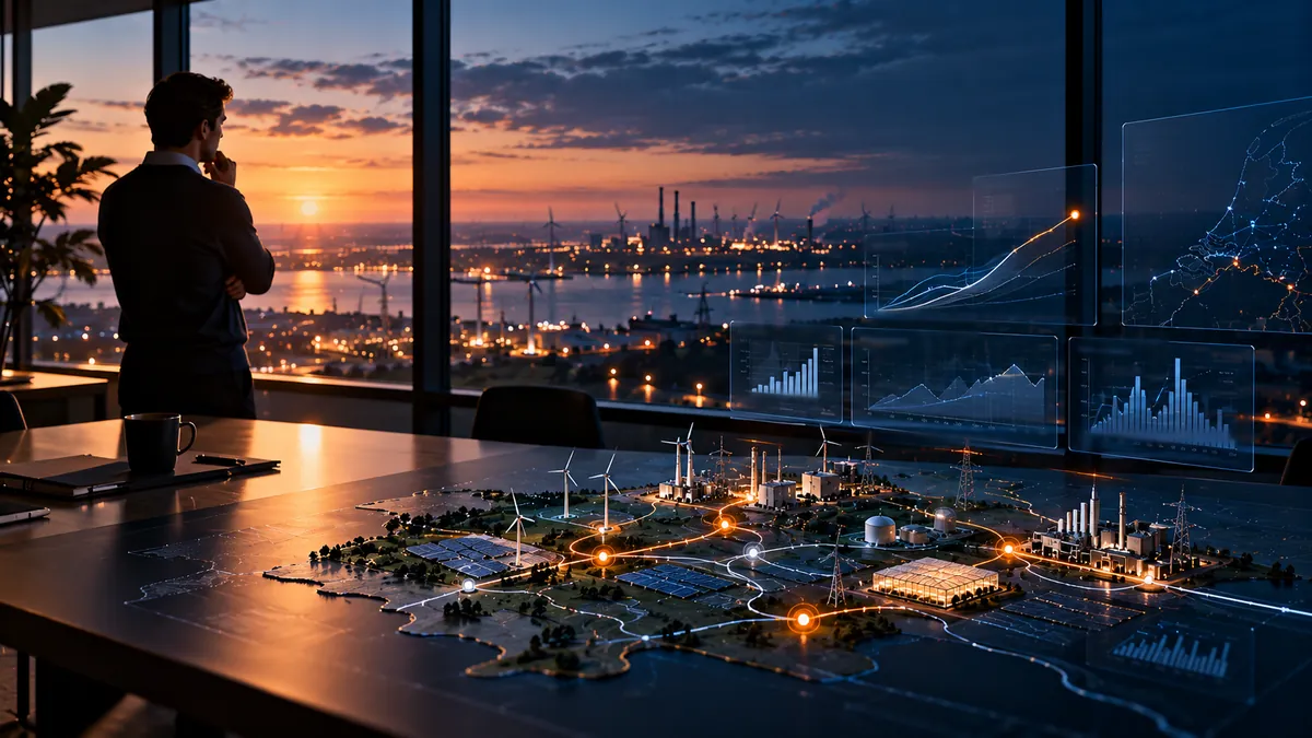 Illustration: an analyst looks out over an energy landscape while a table model links assets along an orange path